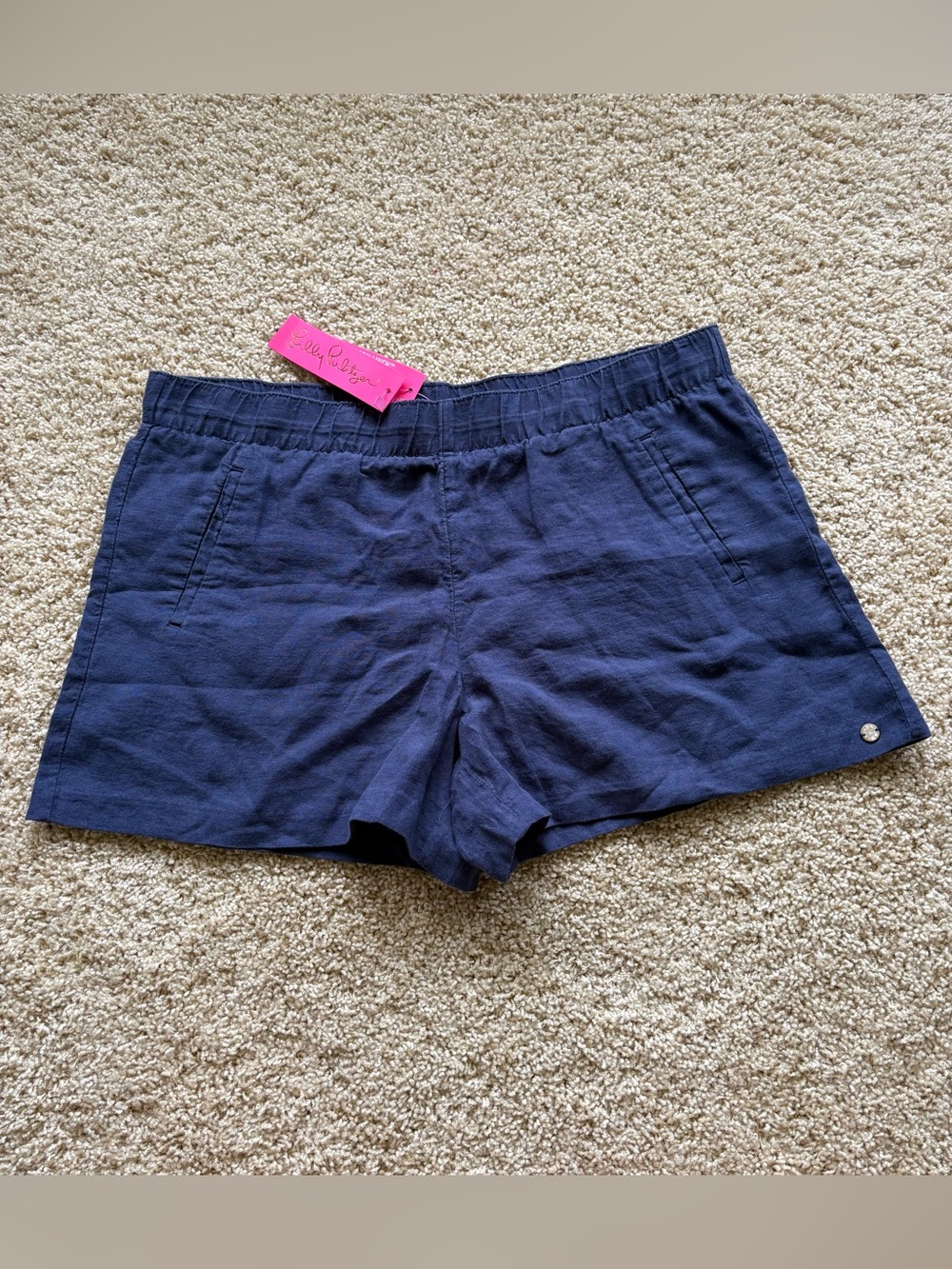 NWT Lilly Pulitzer XL Lilo Linen Short True Navy Blue Elastic Waist